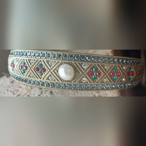 HEIDI DAUS  Faux Pearl, Blue, Garnet, Green Rhinestone Bangle Hinged Bracelet